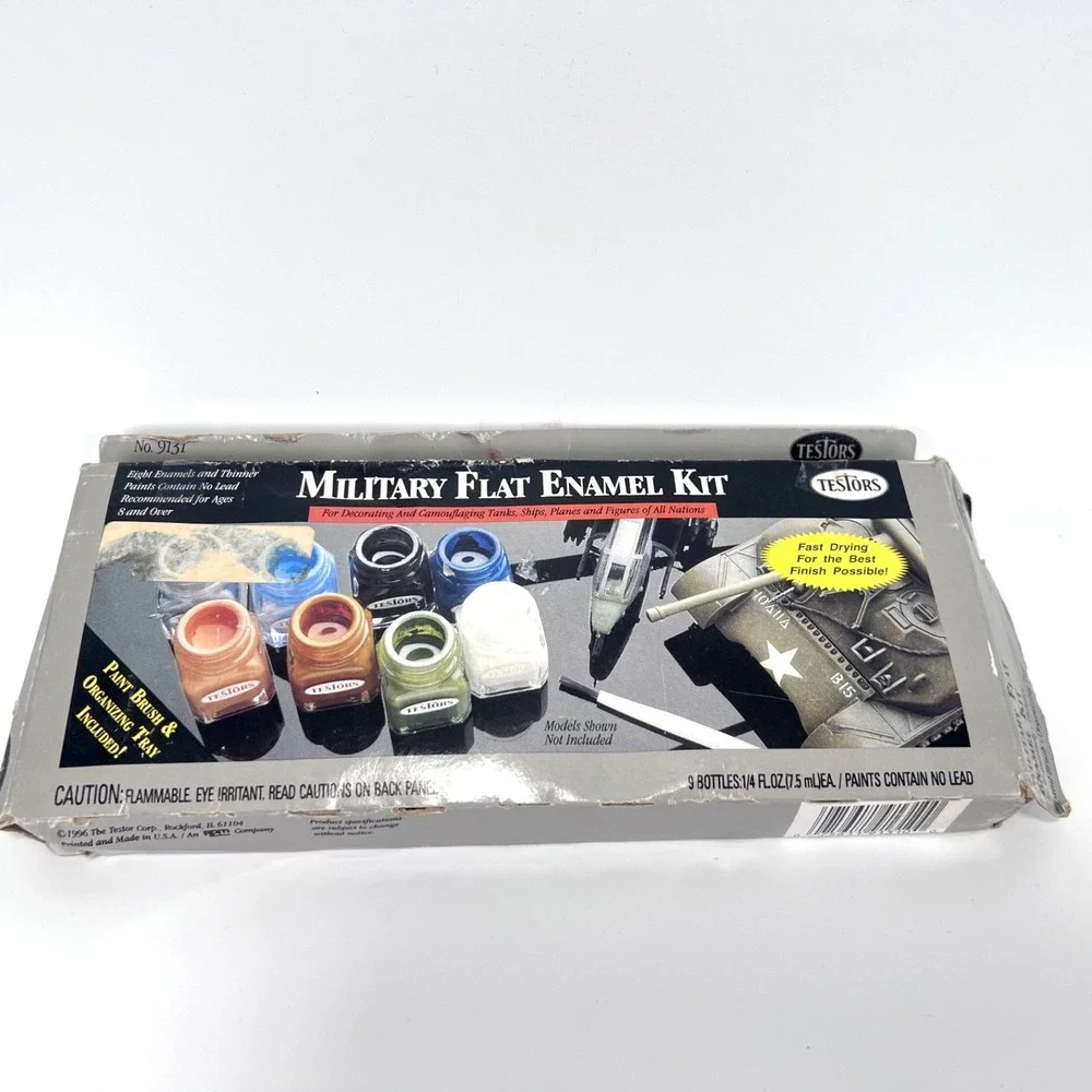 Vintage Testors Military Flat Enamel Kit #9131 - 1 Brush - 9 Fresh‎ Paint Colors